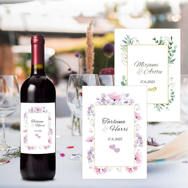 Kuvassa kolme mallia viinipullon etikettejä omilla teksteillä. Häissä tai juhlissa omilla teksteillä tehdyt viinipulloetiketit antavat lisämaustetta juhliisi.